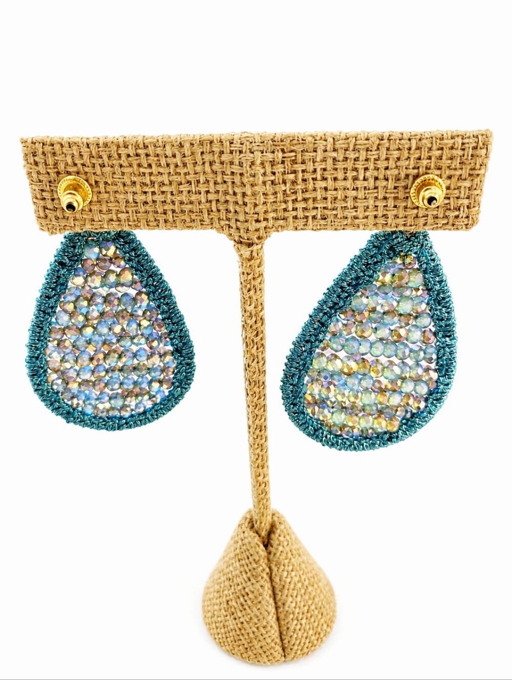 Teal Beaded Sparkly Crystal Dangle Earrings with a Gold Stud, NWOT - Picture 3 of 3